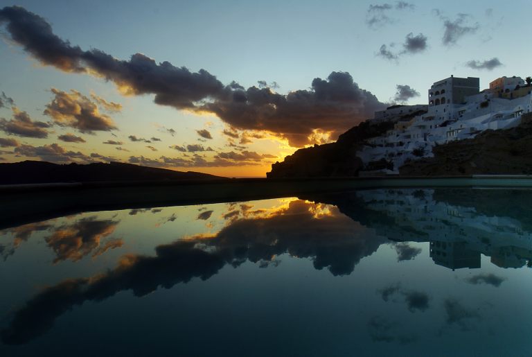 The mythical sunset from the veranda of the luxury Nostos Apartments